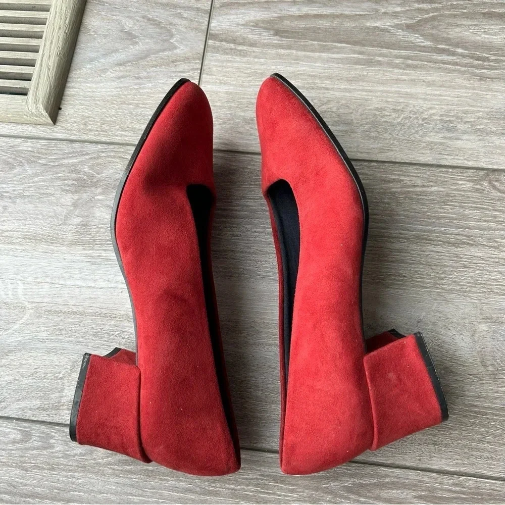 St. Michael Red Faux Suede Square Toe Block Heel Pumps - Picture 9 of 13